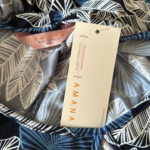 Amana Textured Navy Blue Palm Leaf Knot Shirt Top Blouse Small S NWT - Picture 5 of 6